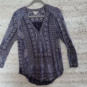 Lucky Brand Tunic Top Women Sz M Blue, Gray Floral Shirt Cotton Blend, Boho
